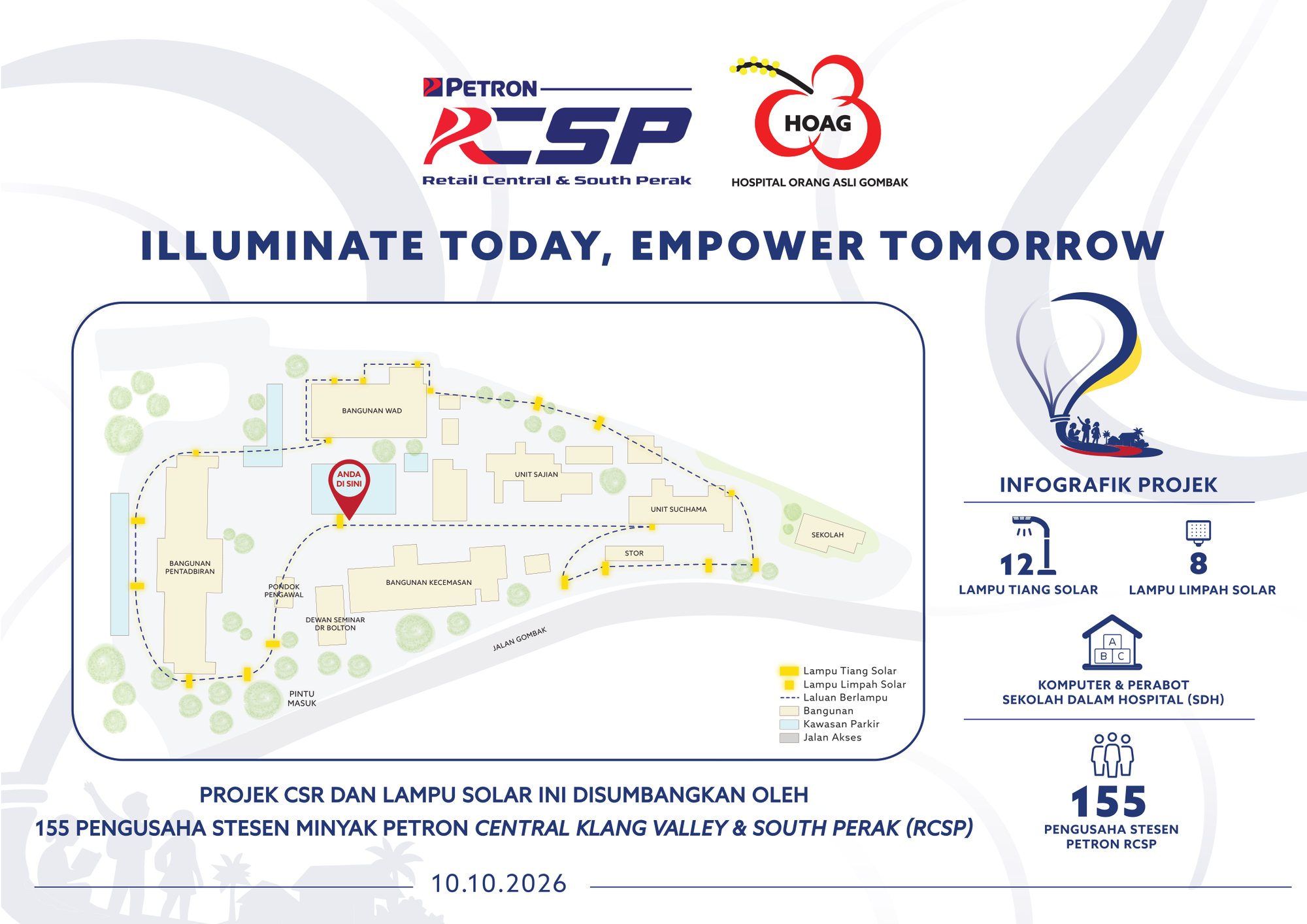 Solar lighting plaque at Hospital Orang Asli Gombak: compound map with 12 solar street lights and 8 solar floodlights along the lit walkways, contributed by 155 Petron RCSP station owners, 10.10.2026